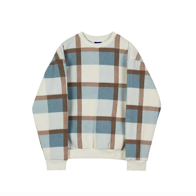 Men's Casual Round Neck Color Block Plaid Loose Sweatshirt