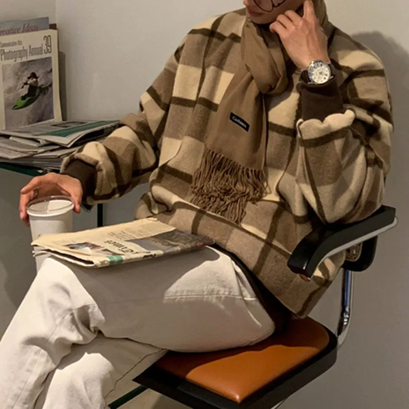 Men's Casual Round Neck Color Block Plaid Loose Sweatshirt