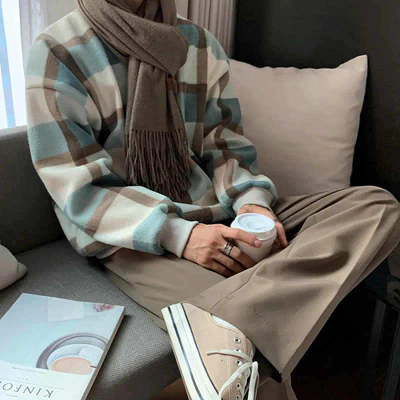 Men's Casual Round Neck Color Block Plaid Loose Sweatshirt
