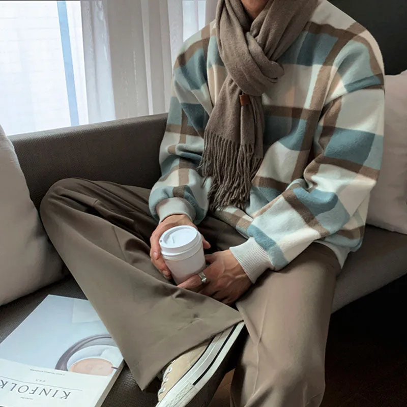 Men's Casual Round Neck Color Block Plaid Loose Sweatshirt