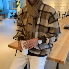 Men's Casual Round Neck Color Block Plaid Loose Sweatshirt