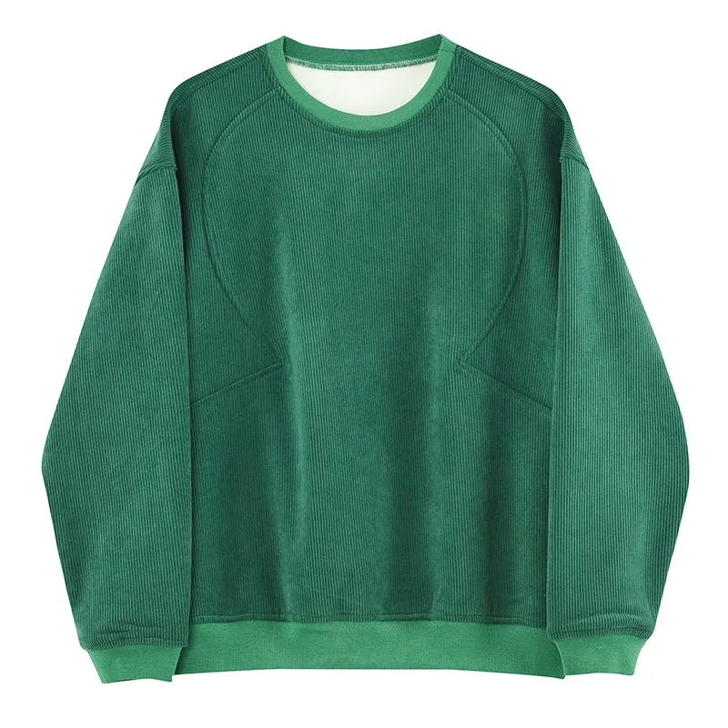 Men's Green Round Neck Long Sleeves Corduroy Sweatshirt