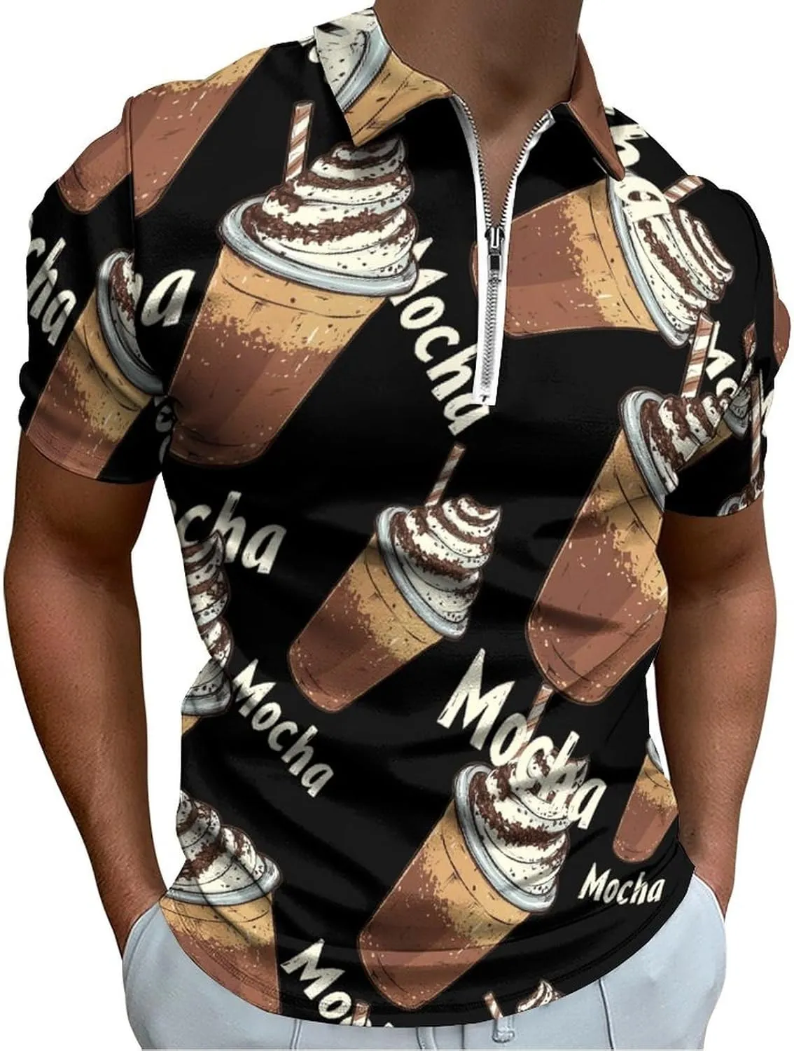 Mocha Trendy Polo Shirts for Men Short Sleeve Lapel Collar Zipper T-Shirts Outdoor Sports XL