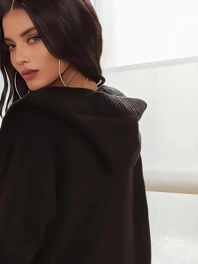 NEW Black Open Front Solid Long Length Sweatshirt Cardigan, Casual Long Sleeve Hooded Cardigan sweatshirt material, Women's Clothing, Sz L