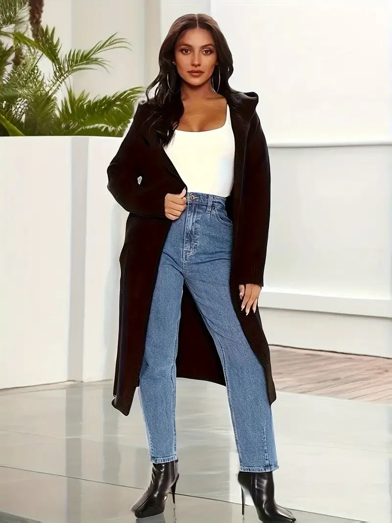 NEW Black Open Front Solid Long Length Sweatshirt Cardigan, Casual Long Sleeve Hooded Cardigan sweatshirt material, Women's Clothing, Sz L