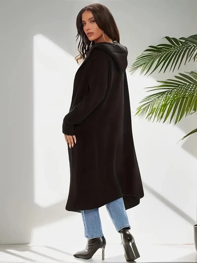 NEW Black Open Front Solid Long Length Sweatshirt Cardigan, Casual Long Sleeve Hooded Cardigan sweatshirt material, Women's Clothing, Sz L