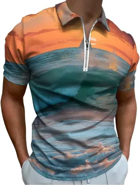 Ocean Waves at Sunset Mens Polo Shirts Casual Short Sleeve Zippered Golf T-Shirt Summer Classic Fit Tee