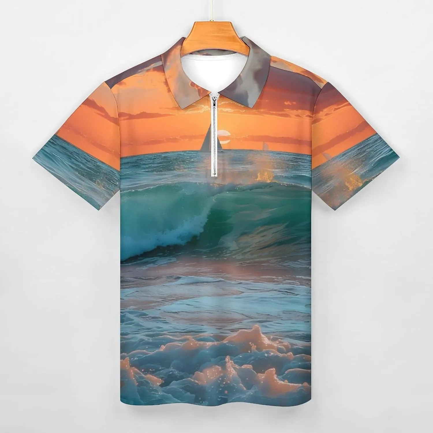 Ocean Waves at Sunset Mens Polo Shirts Casual Short Sleeve Zippered Golf T-Shirt Summer Classic Fit Tee