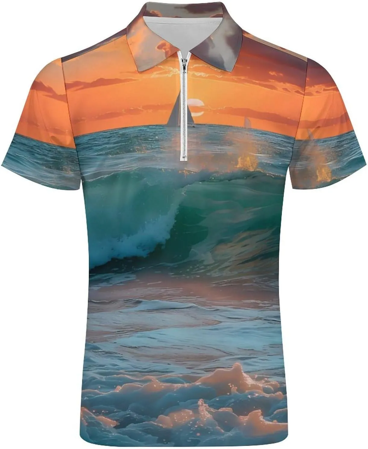 Ocean Waves at Sunset Mens Polo Shirts Casual Short Sleeve Zippered Golf T-Shirt Summer Classic Fit Tee