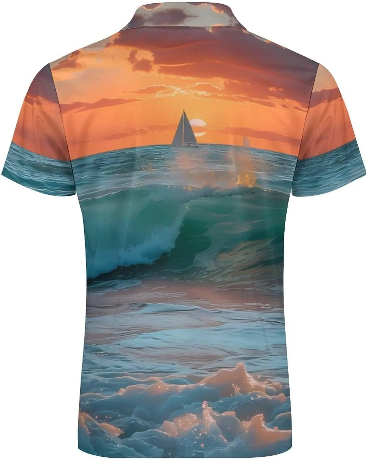 Ocean Waves at Sunset Mens Polo Shirts Casual Short Sleeve Zippered Golf T-Shirt Summer Classic Fit Tee