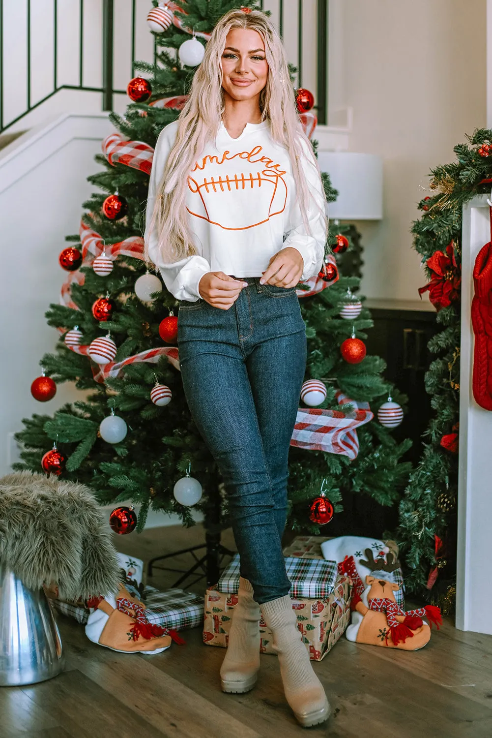 Orange Game Day Lettering Football Notched Neck Sweatshirt