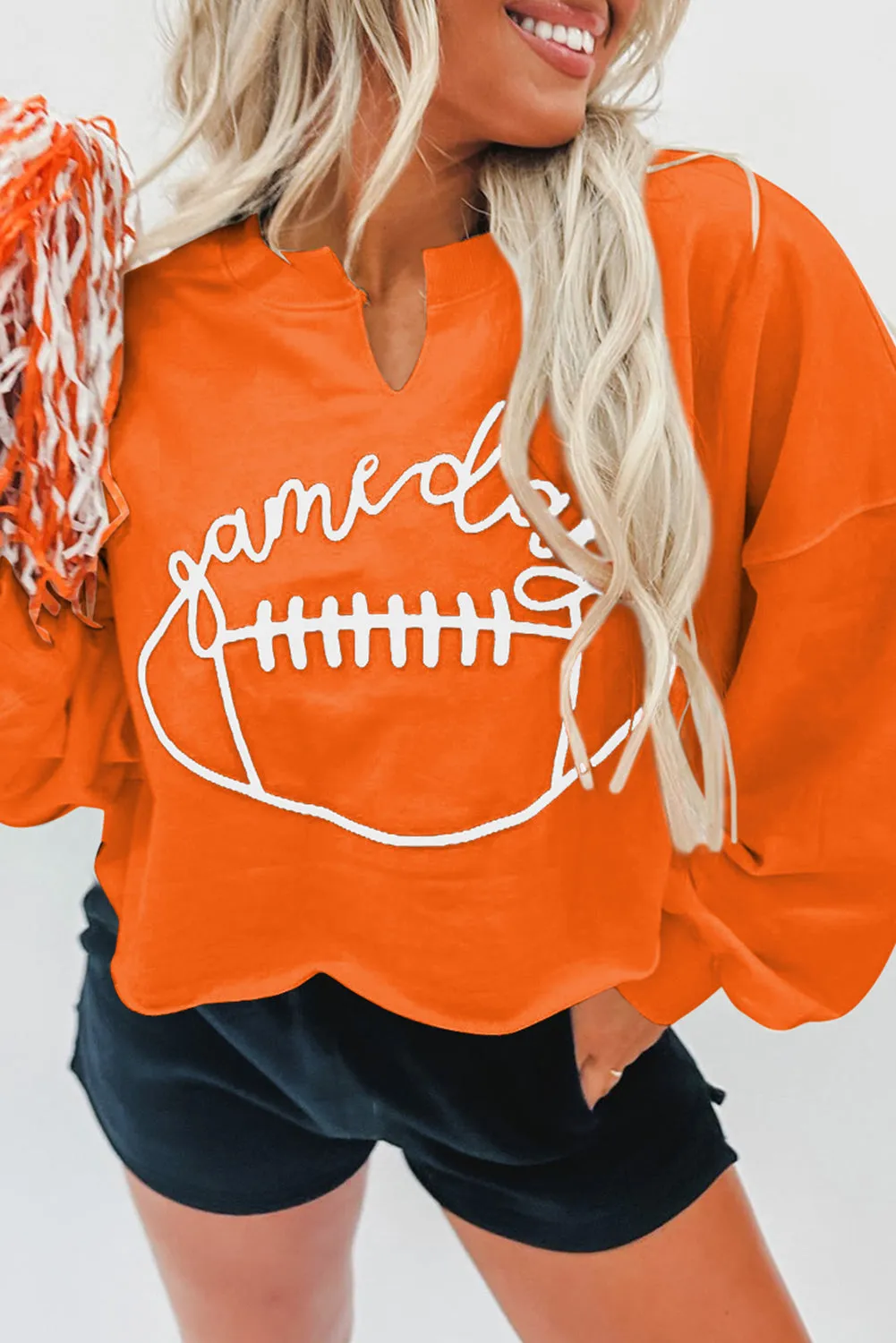 Orange Game Day Lettering Football Notched Neck Sweatshirt