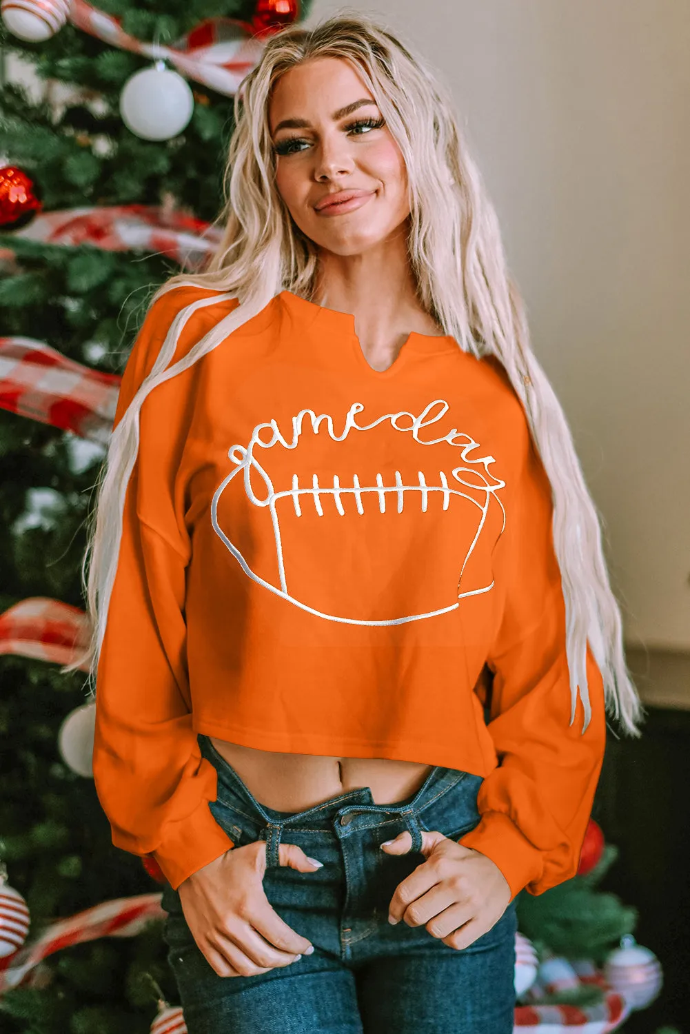 Orange Game Day Lettering Football Notched Neck Sweatshirt