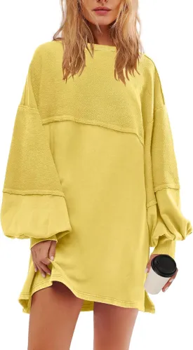 Panadila Womens Oversized Long Sleeve Patchwork Sweatshirt Dress Crewneck Tunic Sweatshirts Fall Loose Pullover Top