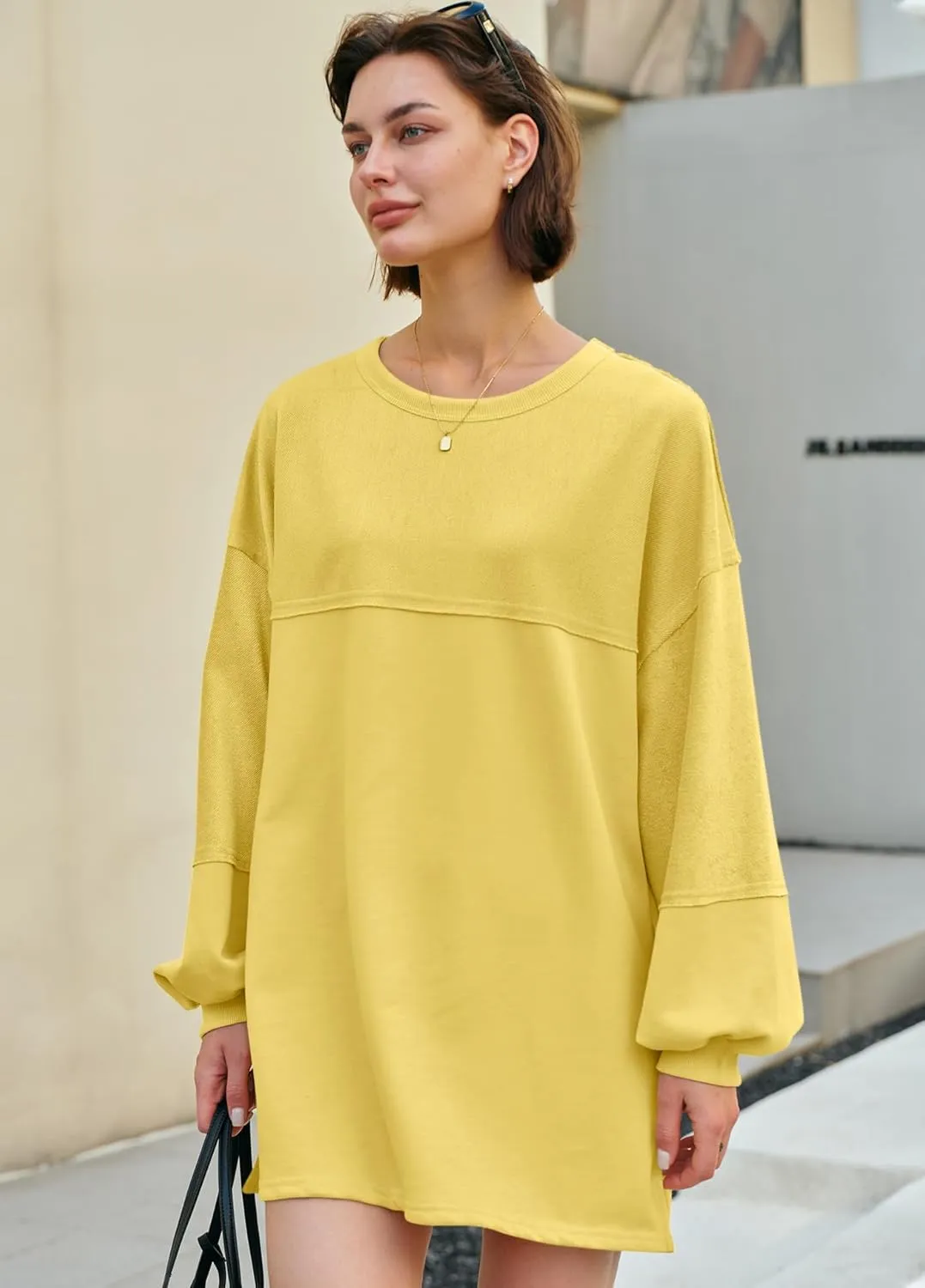 Panadila Womens Oversized Long Sleeve Patchwork Sweatshirt Dress Crewneck Tunic Sweatshirts Fall Loose Pullover Top