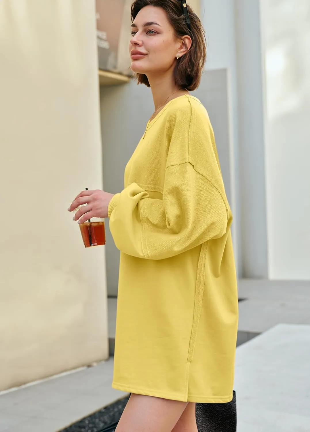 Panadila Womens Oversized Long Sleeve Patchwork Sweatshirt Dress Crewneck Tunic Sweatshirts Fall Loose Pullover Top