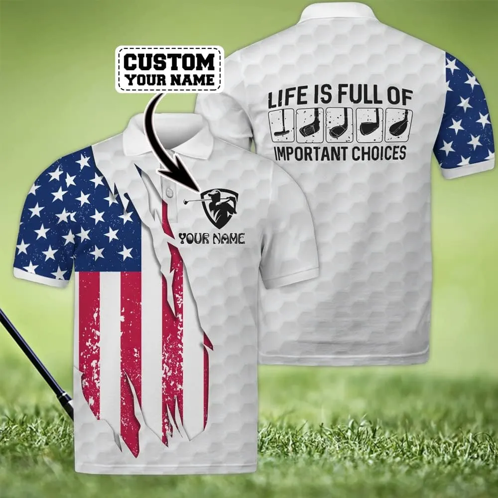 Personalized Funny Golf Polo Shirt for Men Proud Golf American Flag Polo Shirt, Custom Name and Team Name Golf Polo Shirt