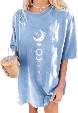 Remidoo Women's Casual Oversized T Shirt Short Sleeve Graphic Tee Letter Sun Moon Shirts