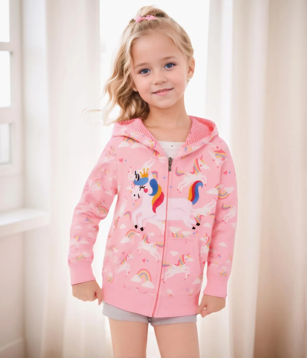 RETSUGO Girls Zip Up Hoodie Jacket Toddler Unicorn Rainbow Sweatshirt Kids Hooded Coat Casual Outerwear Size 2-7 Years