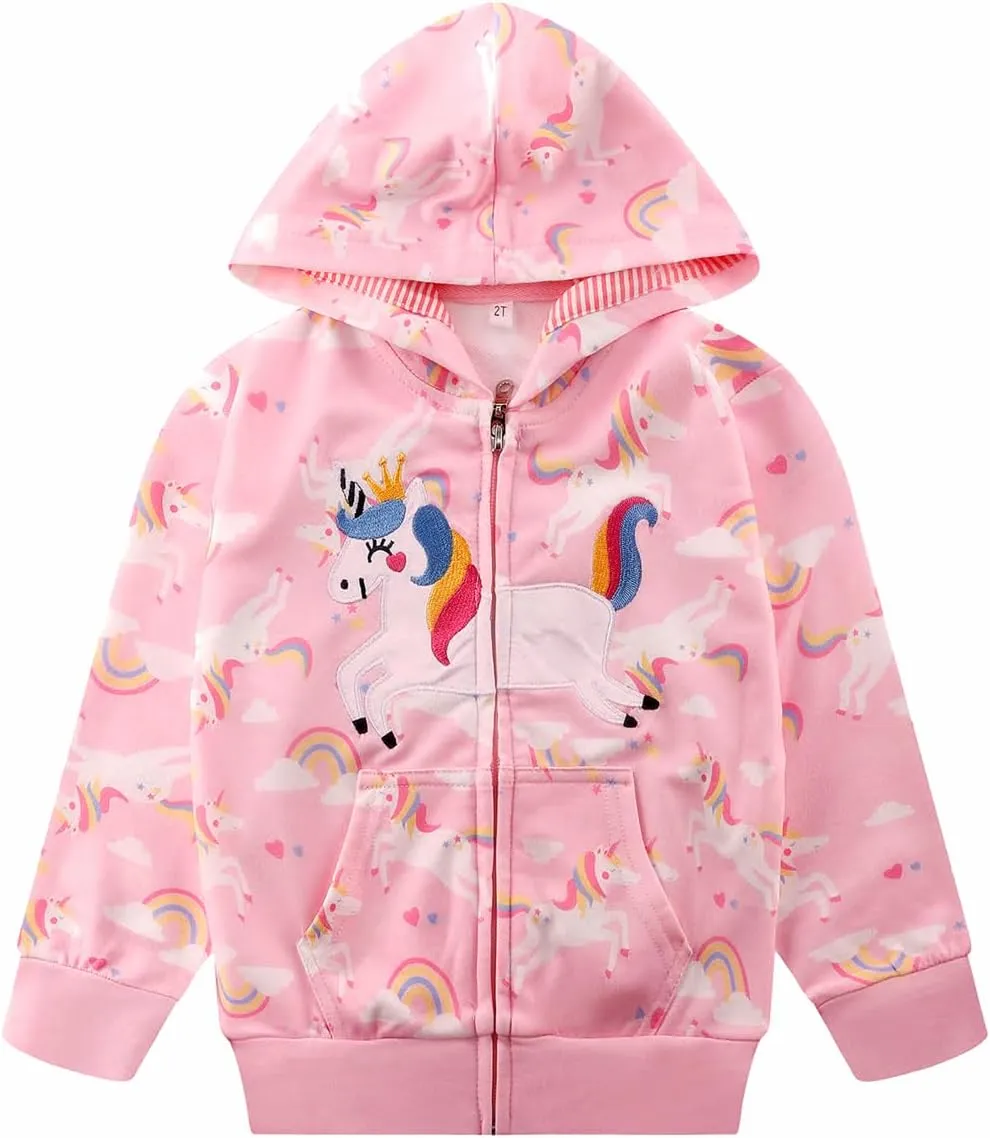 RETSUGO Girls Zip Up Hoodie Jacket Toddler Unicorn Rainbow Sweatshirt Kids Hooded Coat Casual Outerwear Size 2-7 Years
