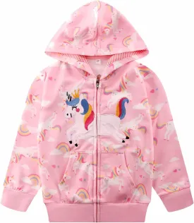RETSUGO Girls Zip Up Hoodie Jacket Toddler Unicorn Rainbow Sweatshirt Kids Hooded Coat Casual Outerwear Size 2-7 Years