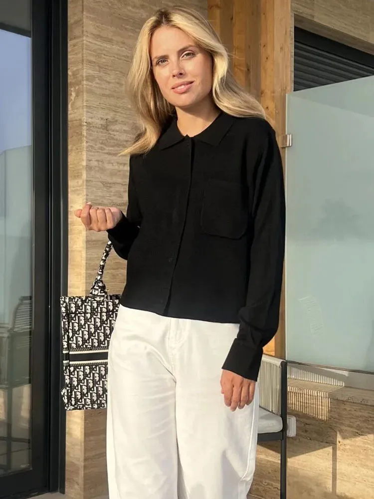 Soliaten Wool Knitted Cardigan Sweater Autumn 2023 New Turn Down Collar French Style Fashion Basic Tops Warm C-175