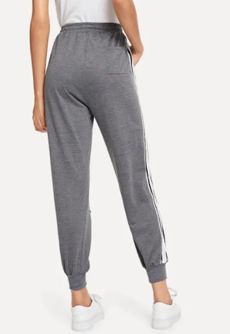 Women Drawstring Waist Striped Tape Side Ripped Pants Jogger