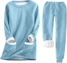 Women Sherpa Fleece Lined Sweatsuit with Pants Sets Winter Warm Crewneck Tops Joggers 2 Piece Outfit Tracksuits