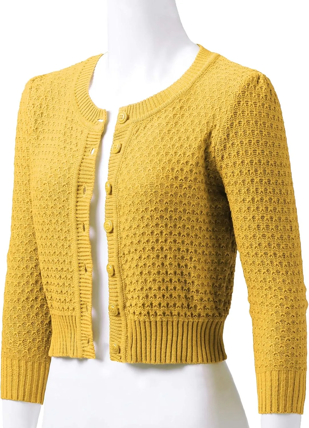 Women's 3/4 Sleeve Crew Neck Button Down Cotton Knit Cropped Cardigan Sweater (S-3XL)