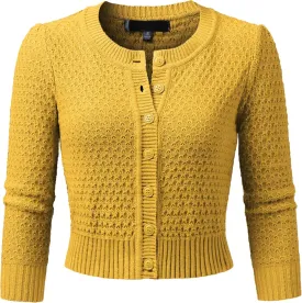 Women's 3/4 Sleeve Crew Neck Button Down Cotton Knit Cropped Cardigan Sweater (S-3XL)
