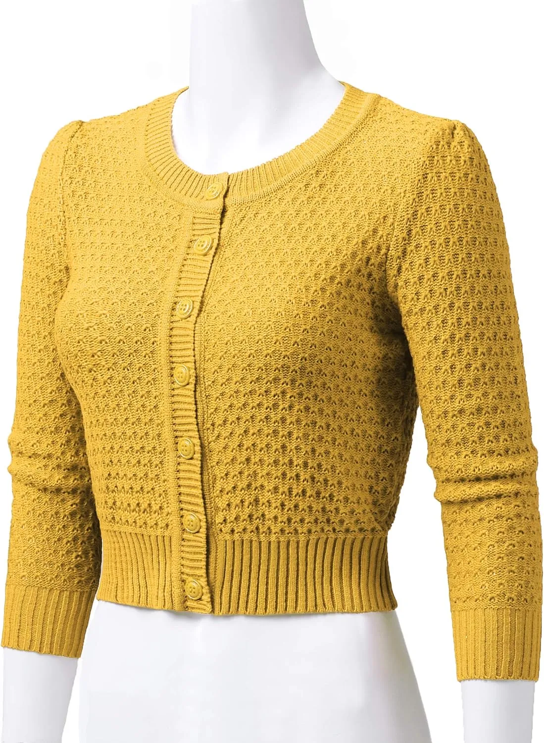 Women's 3/4 Sleeve Crew Neck Button Down Cotton Knit Cropped Cardigan Sweater (S-3XL)