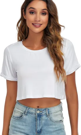 Womens Basic Summer Round Neck Crop Tops Loose Rolled Short Sleeve Solid Tee Shirt