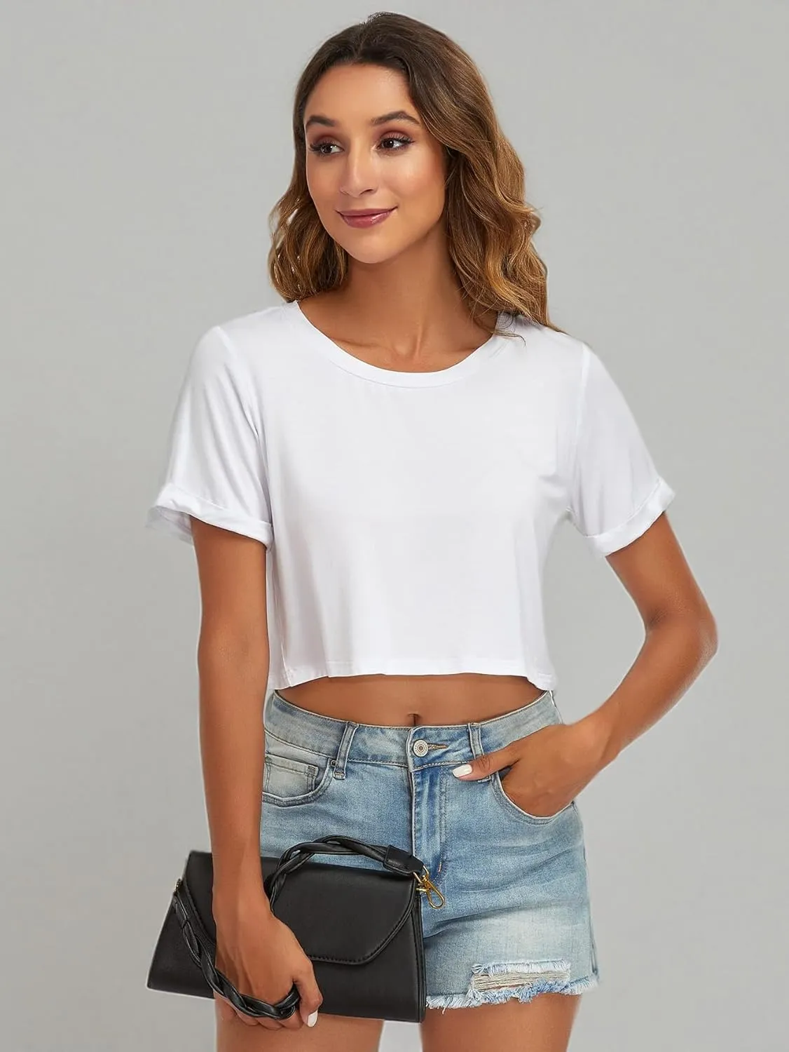 Womens Basic Summer Round Neck Crop Tops Loose Rolled Short Sleeve Solid Tee Shirt