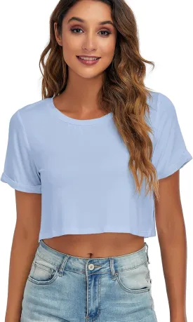 Womens Basic Summer Round Neck Crop Tops Loose Rolled Short Sleeve Solid Tee Shirt
