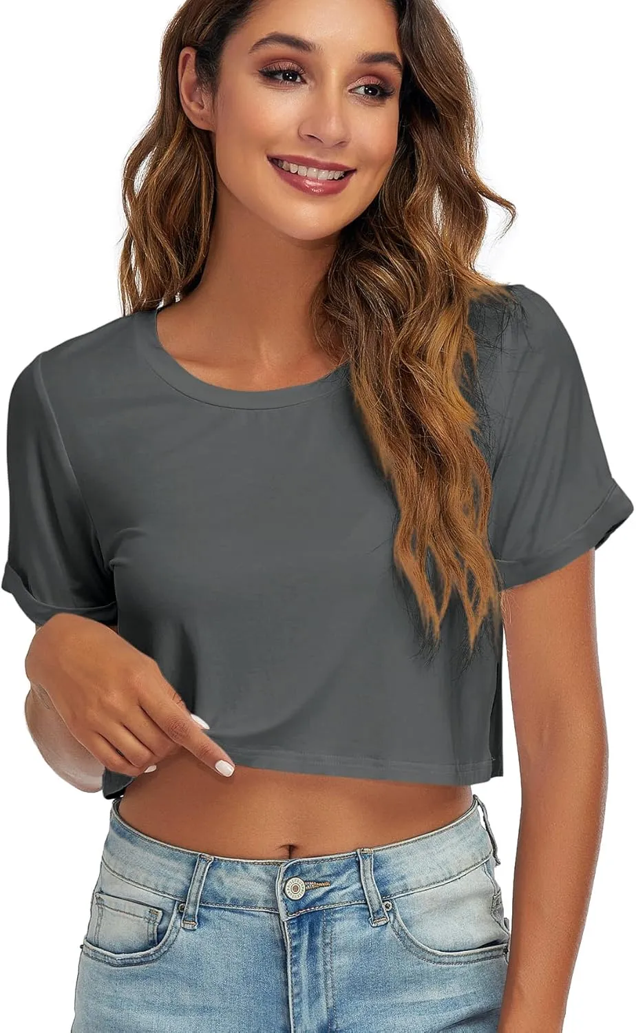 Womens Basic Summer Round Neck Crop Tops Loose Rolled Short Sleeve Solid Tee Shirt