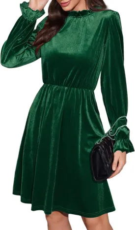 Womens Fall Velvet Dress, Crew Neck Long Sleeve Poet Cocktail Paneled Midi Dress for Wedding Guest