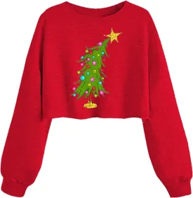 Women's Funny Christmas Graphic Crop Sweatshirts Xmas Holiday Party Casual Lantern Long Sleeve Pullover Tops