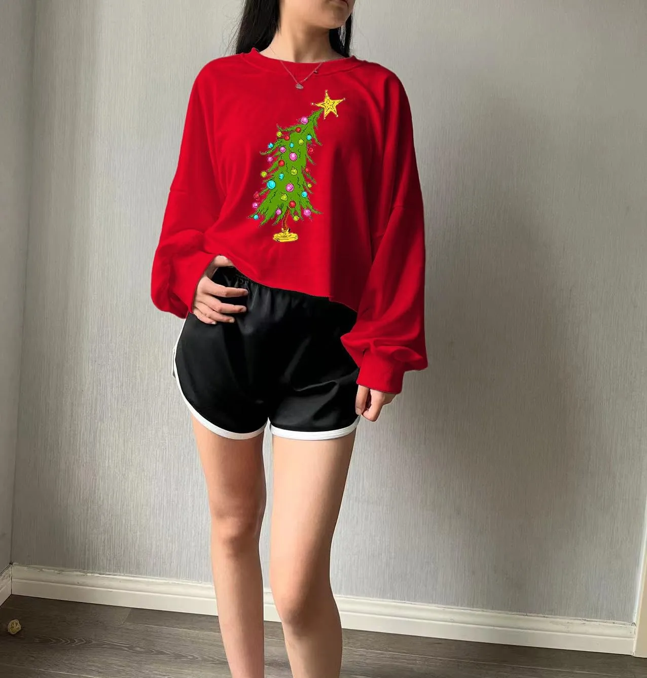 Women's Funny Christmas Graphic Crop Sweatshirts Xmas Holiday Party Casual Lantern Long Sleeve Pullover Tops