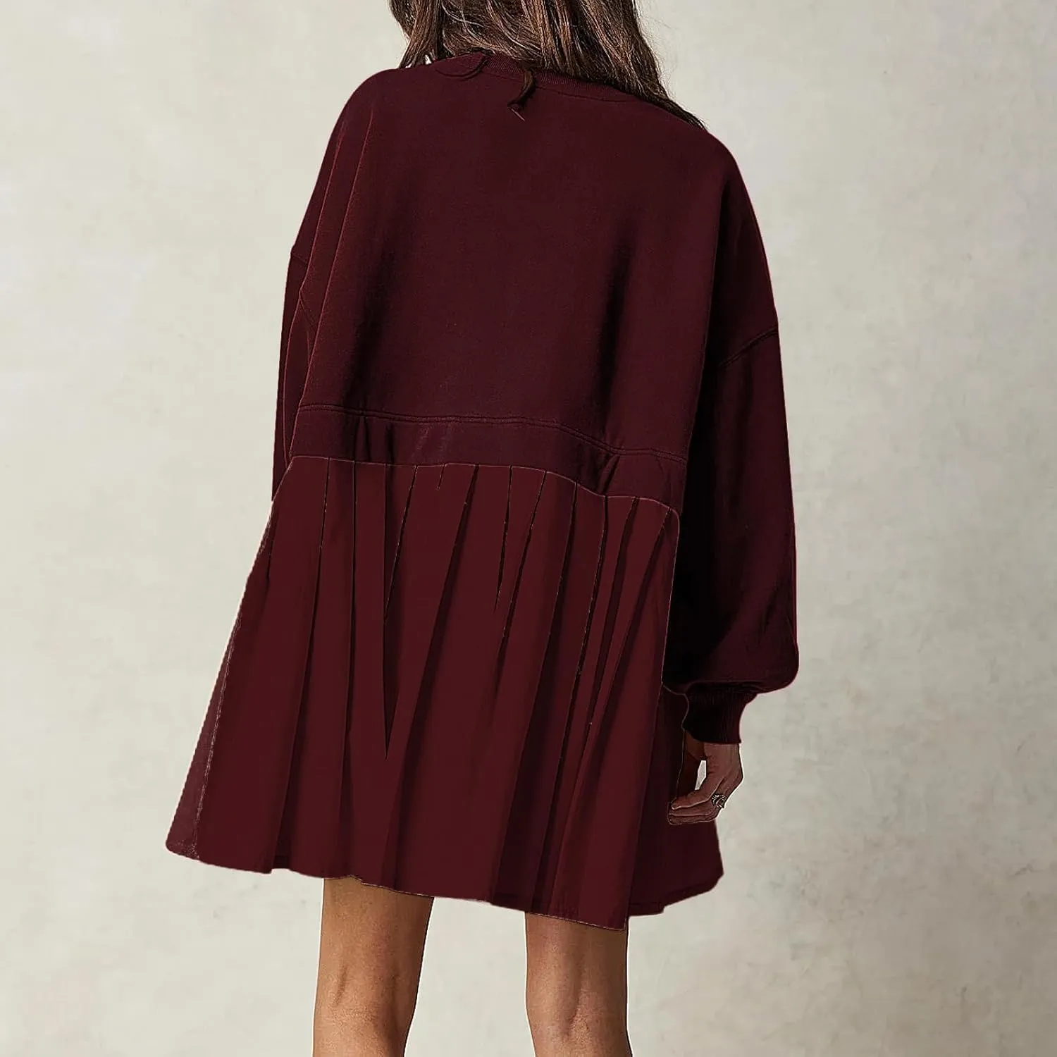 Women's Pullover Sweatshirt Dress Long Sleeve Loose Flowy Pleated 2024 Fall Mini Dress Tops