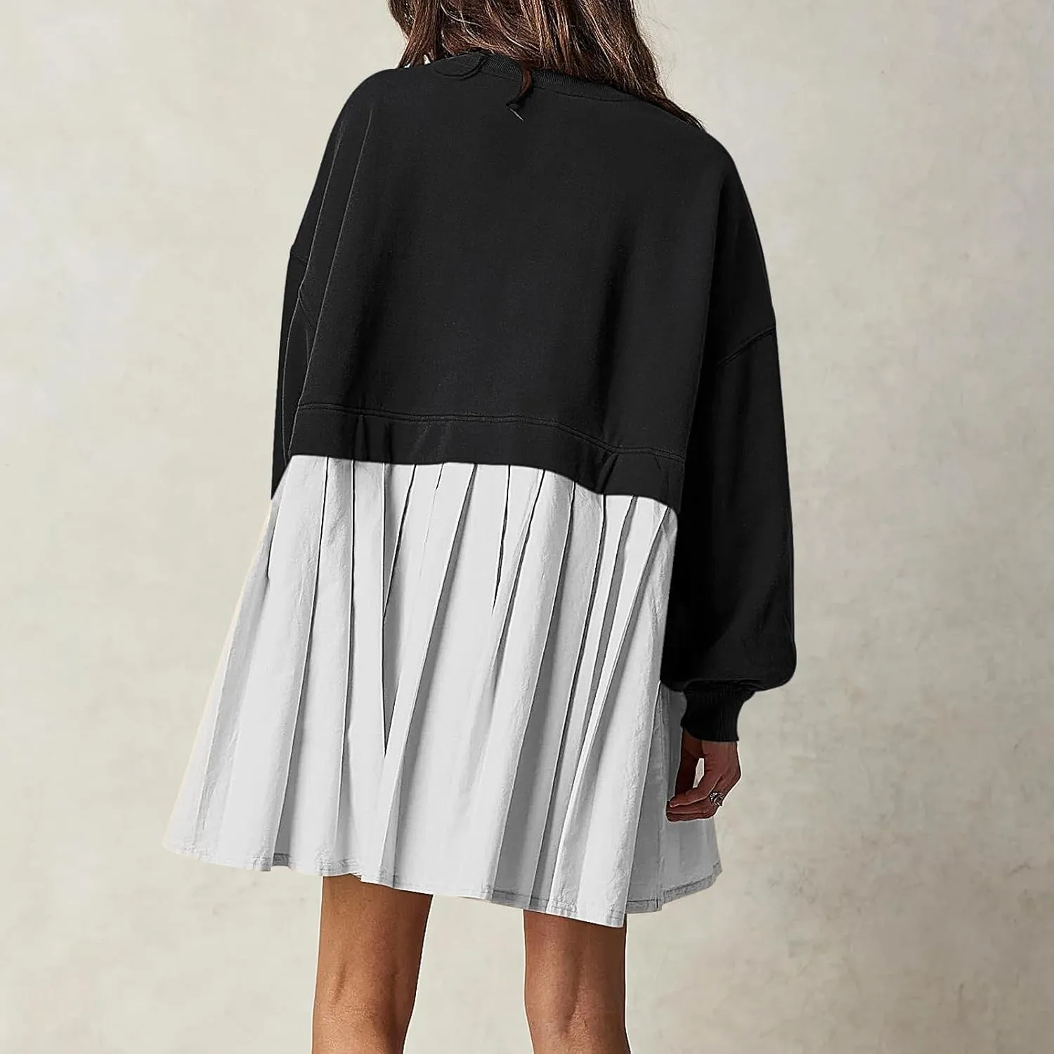 Women's Pullover Sweatshirt Dress Long Sleeve Loose Flowy Pleated 2024 Fall Mini Dress Tops