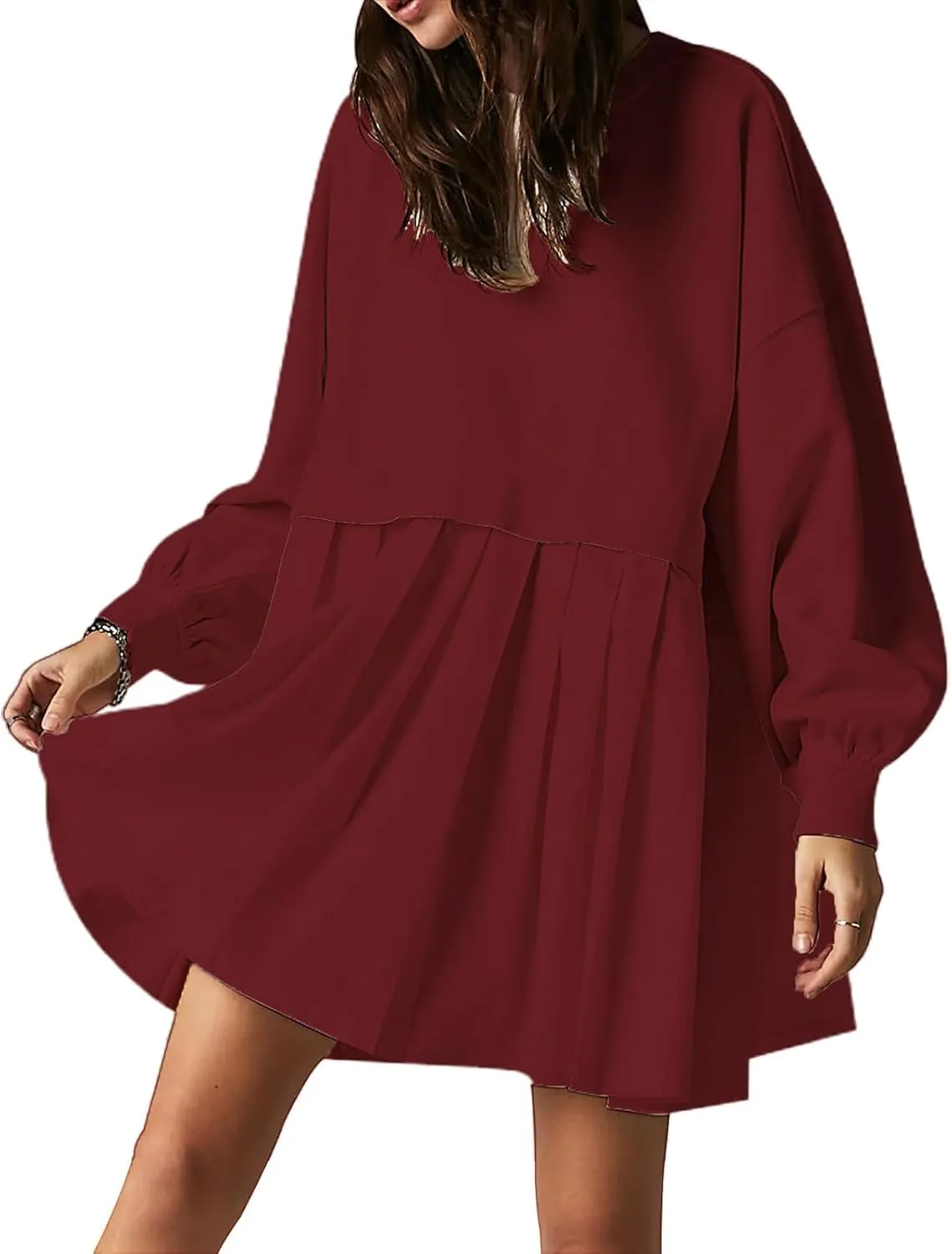 Women's Pullover Sweatshirt Dress Long Sleeve Loose Flowy Pleated 2024 Fall Mini Dress Tops