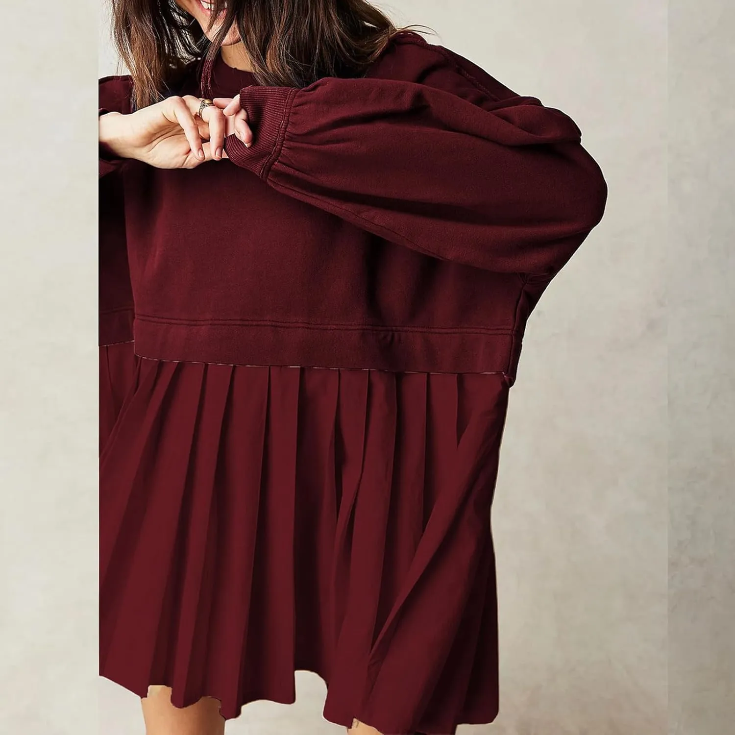 Women's Pullover Sweatshirt Dress Long Sleeve Loose Flowy Pleated 2024 Fall Mini Dress Tops