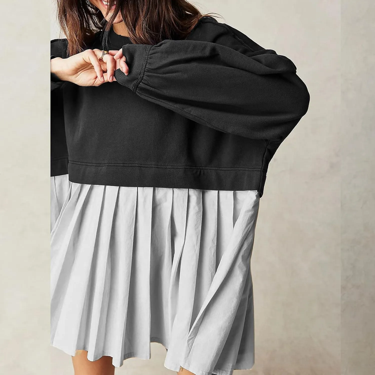 Women's Pullover Sweatshirt Dress Long Sleeve Loose Flowy Pleated 2024 Fall Mini Dress Tops