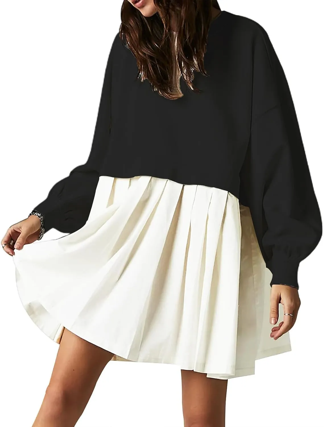 Women's Pullover Sweatshirt Dress Long Sleeve Loose Flowy Pleated 2024 Fall Mini Dress Tops