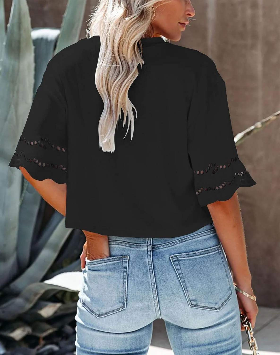 Yuccalley Women's Lace Short Sleeve Crop Tops Summer Casual Round Neck Tees