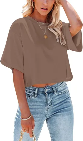 Yuccalley Women's Summer Crop Tops Short Sleeve Round Neck T-Shirt Basic Tees