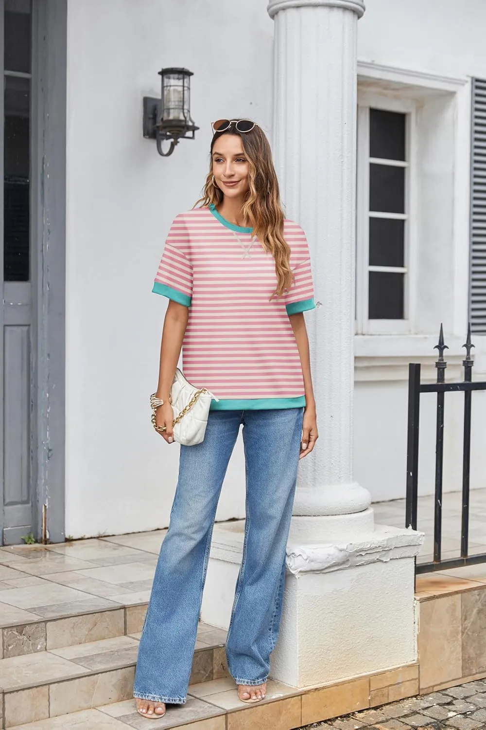 Zeagoo Womens Summer Tops Oversized Crewneck Short Sleeve Striped Shirts Casual Loose Sweatshirt 2025 Basic Tee Blouse