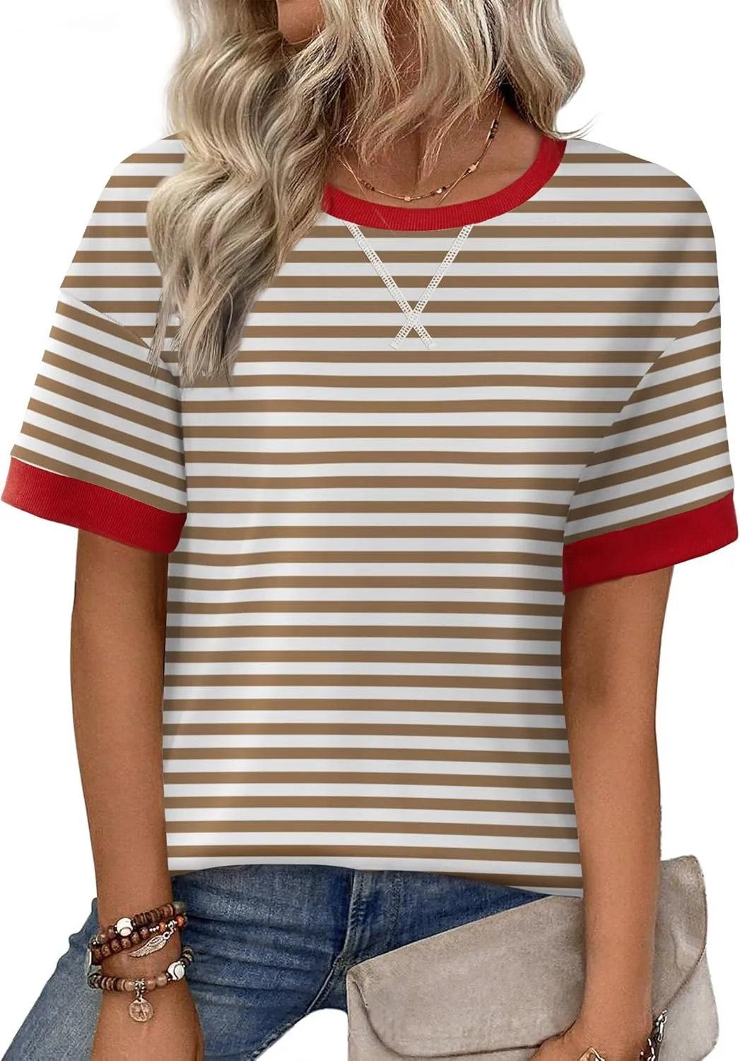 Zeagoo Womens Summer Tops Oversized Crewneck Short Sleeve Striped Shirts Casual Loose Sweatshirt 2025 Basic Tee Blouse