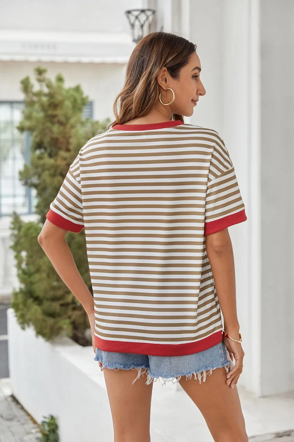 Zeagoo Womens Summer Tops Oversized Crewneck Short Sleeve Striped Shirts Casual Loose Sweatshirt 2025 Basic Tee Blouse