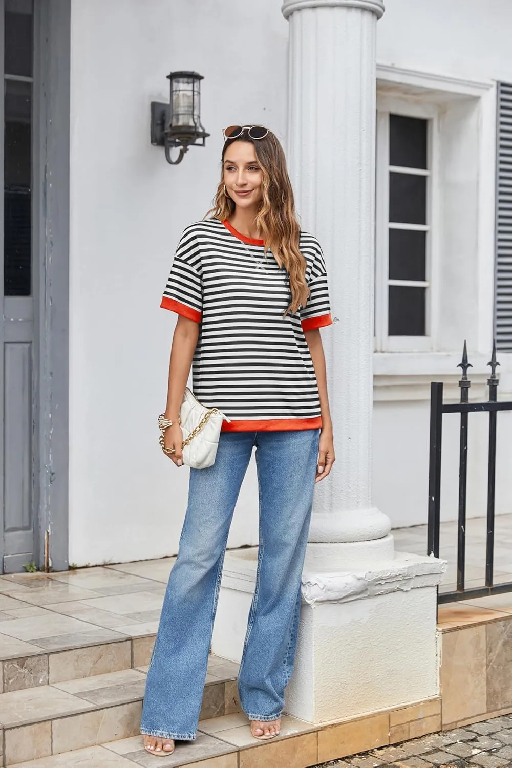 Zeagoo Womens Summer Tops Oversized Crewneck Short Sleeve Striped Shirts Casual Loose Sweatshirt 2025 Basic Tee Blouse